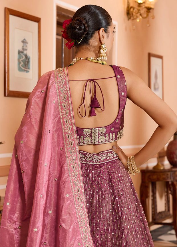 Dry Pink Rose Tissue Silk Embroidered Lehenga