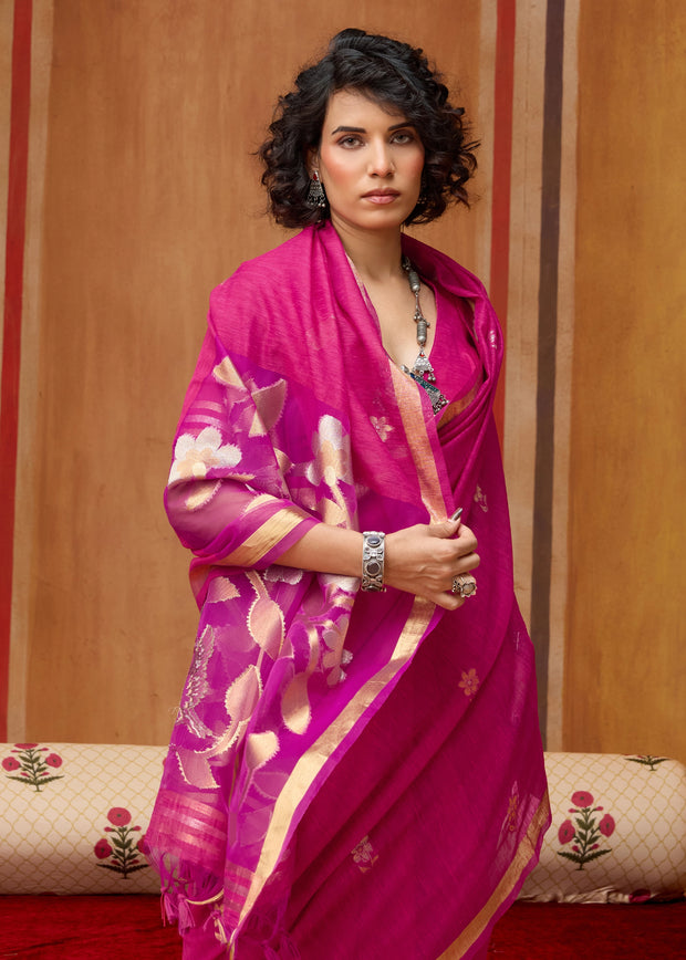 Princess Pink Woven Cotton Silk Saree