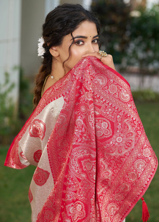 Raspberry Pink Woven Banarasi Silk Saree