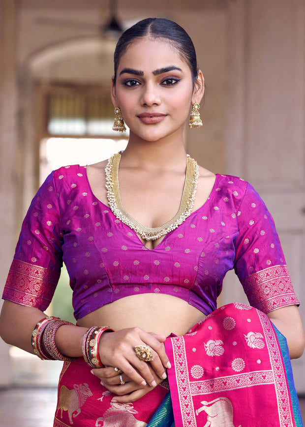 Blue And Pink Woven Banarasi Silk Saree