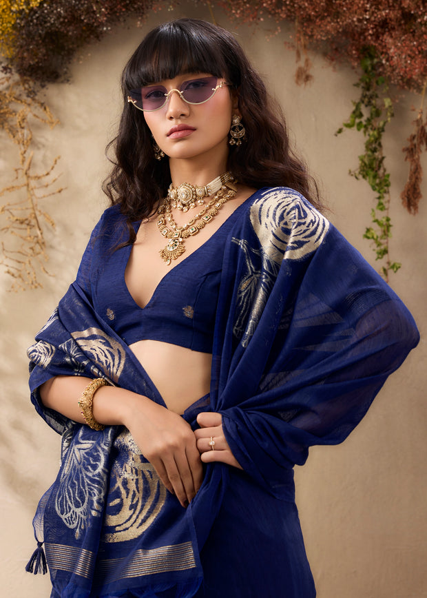 Deep Blue Woven Soft Silk Saree