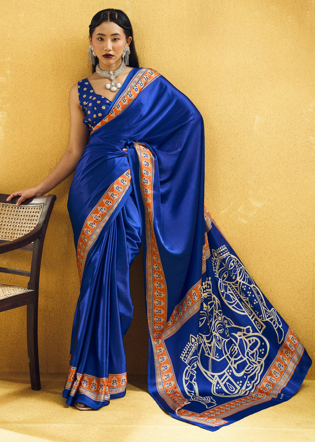 Cobalt Blue Satin Silk Saree with Ajrakh Printed Pallu and Blouse