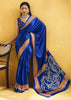 Cobalt Blue Satin Silk Saree with Ajrakh Printed Pallu and Blouse