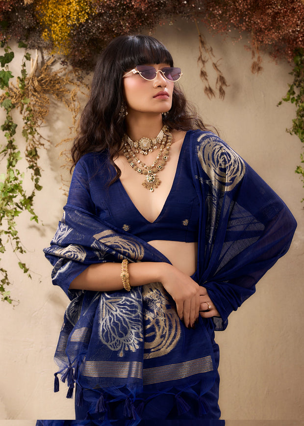 Deep Blue Woven Soft Silk Saree