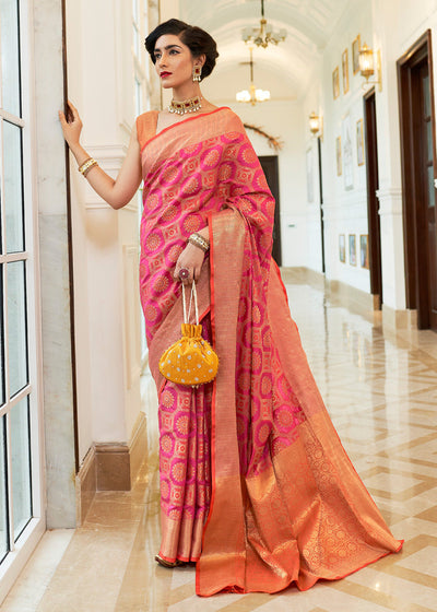 Striking Pink Woven Patola fusion Banarasi Saree With Brocade Blouse (5687332634775) (7628013797569)
