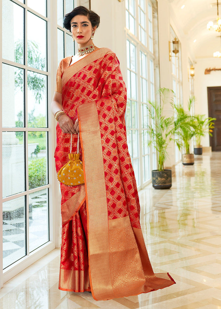 Princess Red Woven Patola fusion Banarasi Saree With Brocade Blouse (5687336501399) (7628014387393)