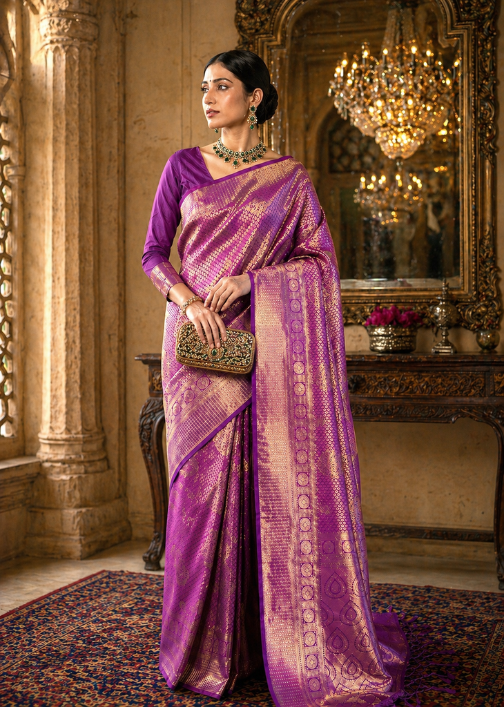 Royal Princess Golden Wine Woven Kanjivaram Saree