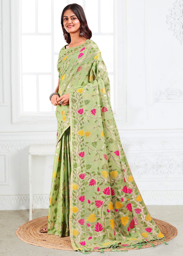 Pista Green Woven Linen Cotton Silk Saree