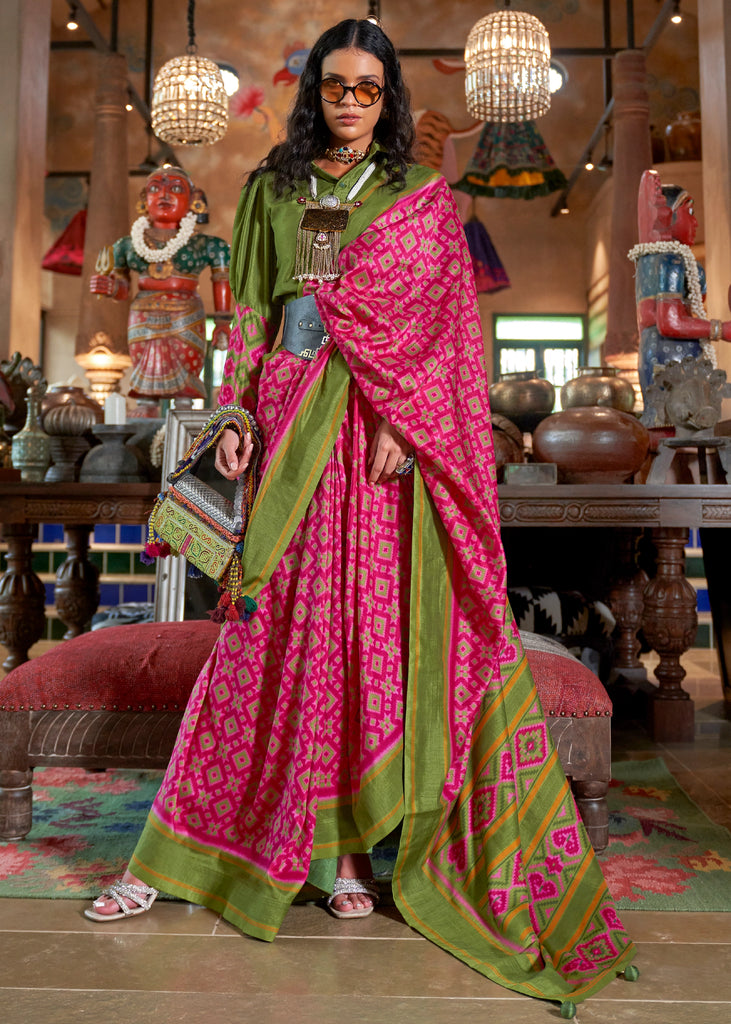 Green And Pink Printed Patola Silk Saree