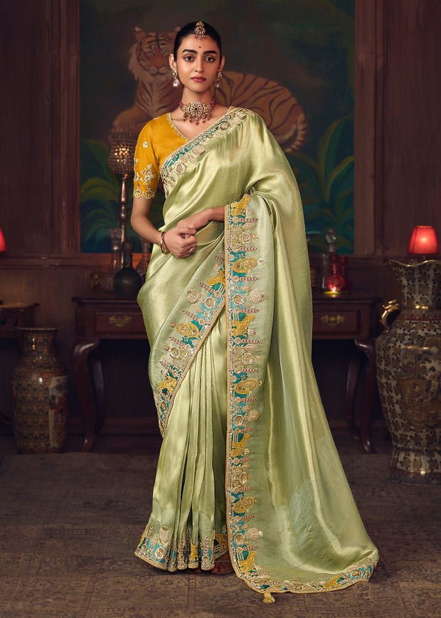 Pista Green Designer Embroidered Saree