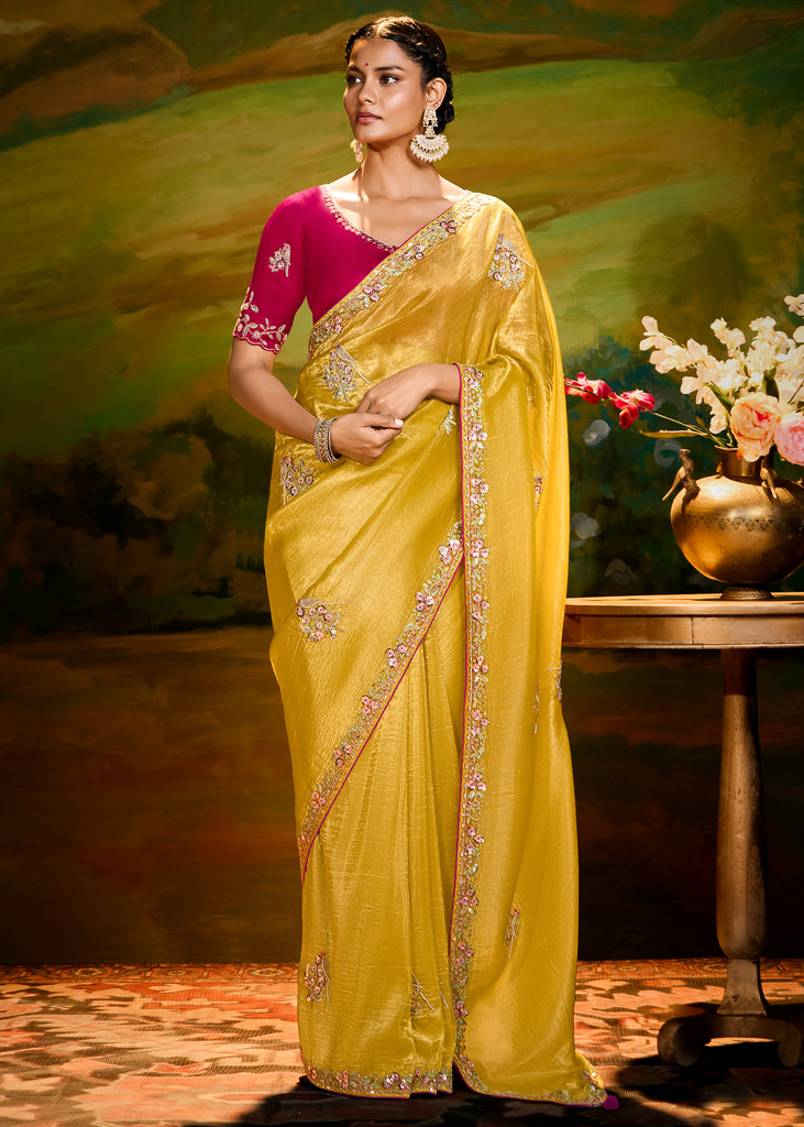 Vibrant Yellow Heavy Embroidered Designer Silk Saree With contrast Blouse