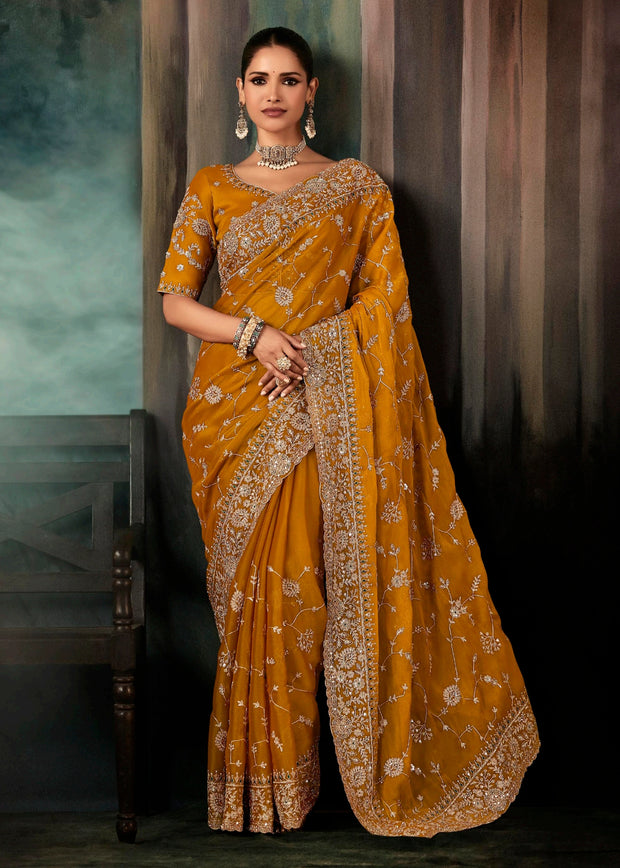 Marigold Yellow Designer Embroidered Saree
