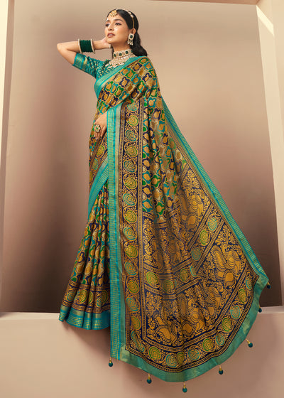 Golden Blue Printed Georgette Saree (10677800435905)