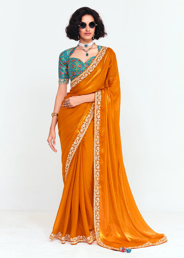 Peel Orange Designer Embroidered Tissue Saree