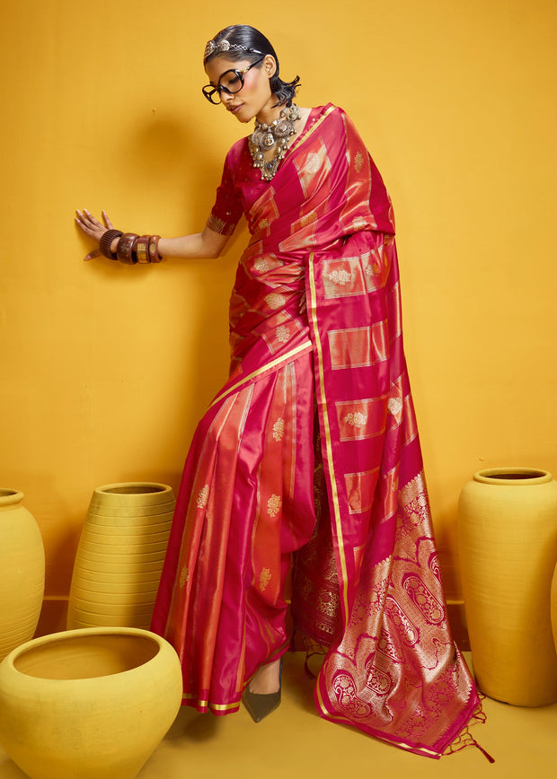 Rose Red Woven Banarasi Satin Silk Saree