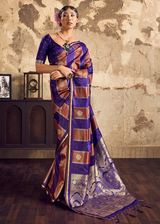 Purple And Brown Rangkat Satin Silk Saree