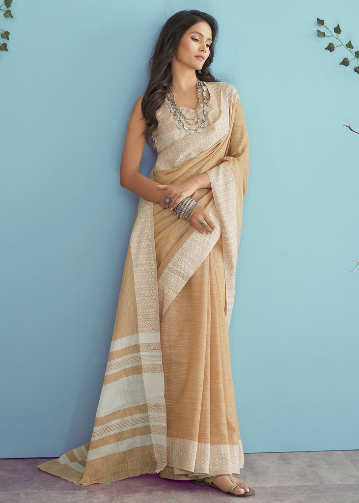 Wheat Beige Woven Linen Silk Saree