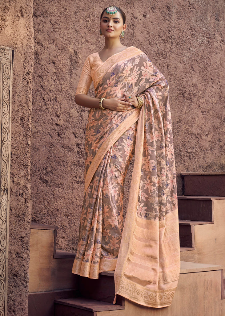Apricot Pink Digital Printed Silk Saree