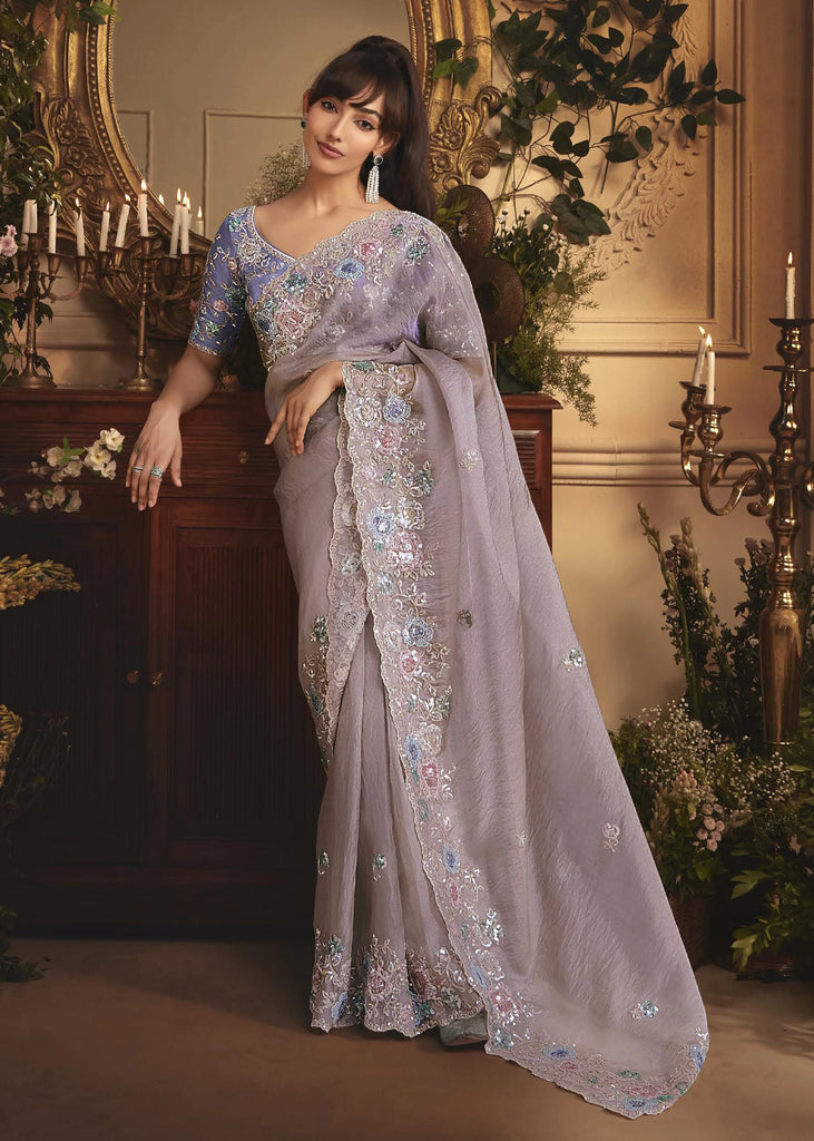 Modest Violet Tissue Organza Designer Saree
