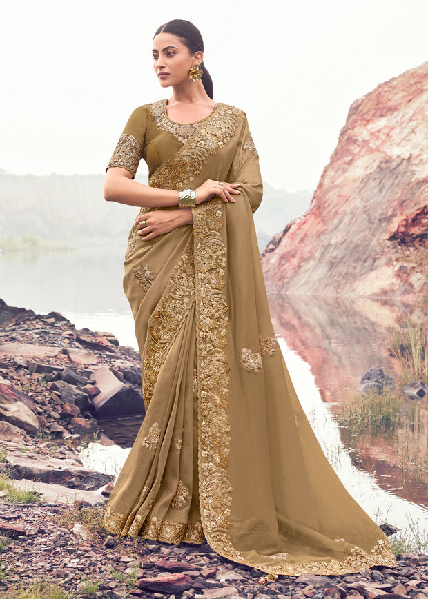 Almond Brown Woven Embroidered Soft Silk Saree