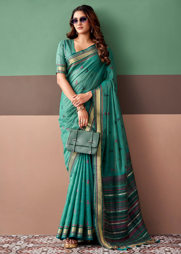 Teal Green Woven Cotton Silk Saree