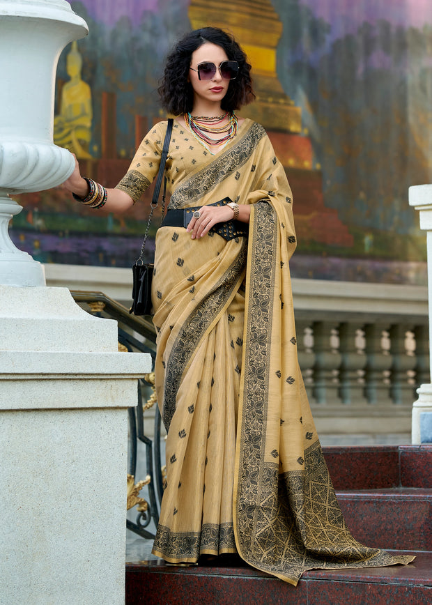 Dusky Yellow Woven Tissue Linen Silk Saree