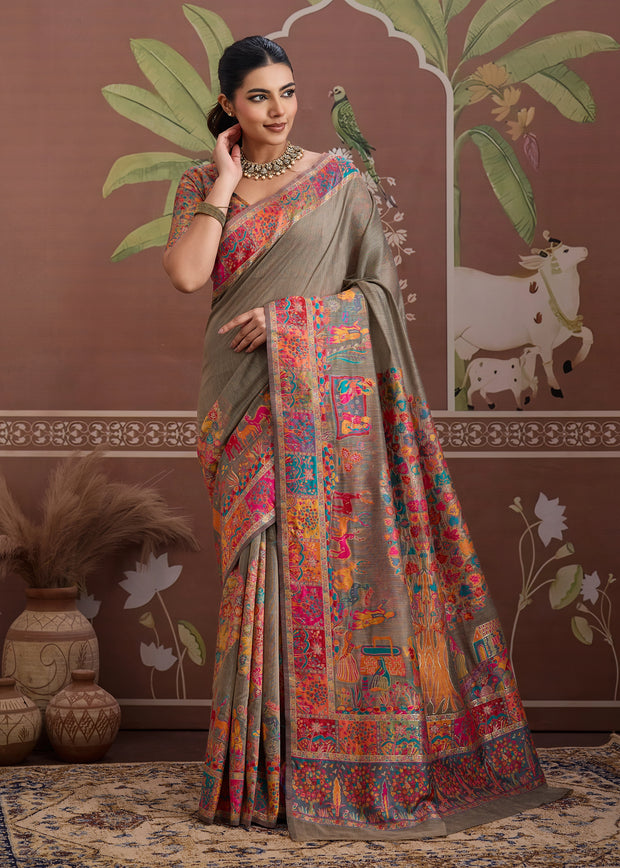 Fossil Grey Woven Cotton Kashmiri Jamewar Saree