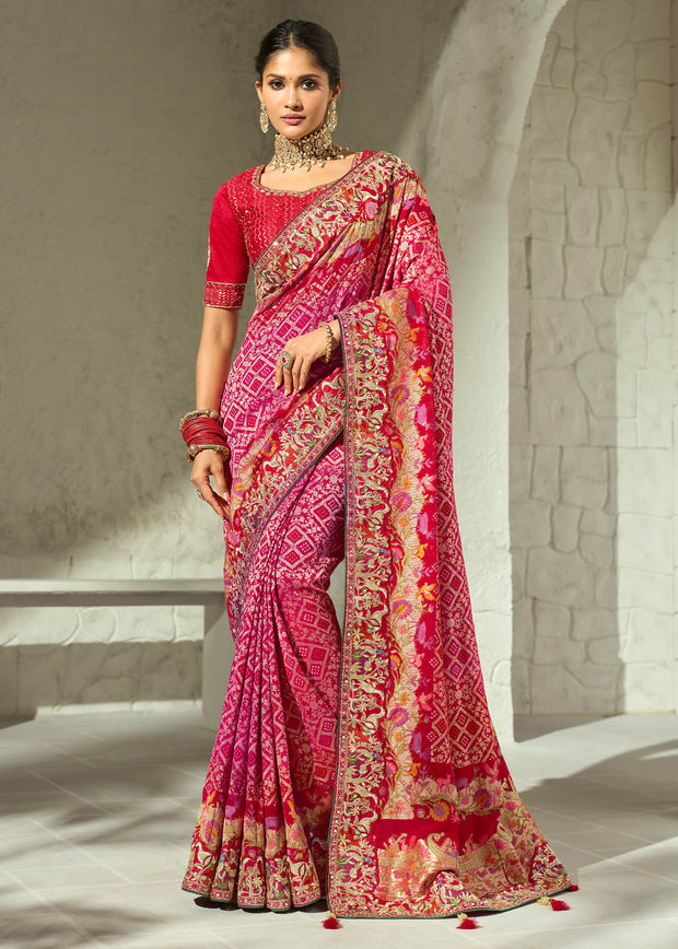 Pink Embroidered Georgette Bandhej Saree