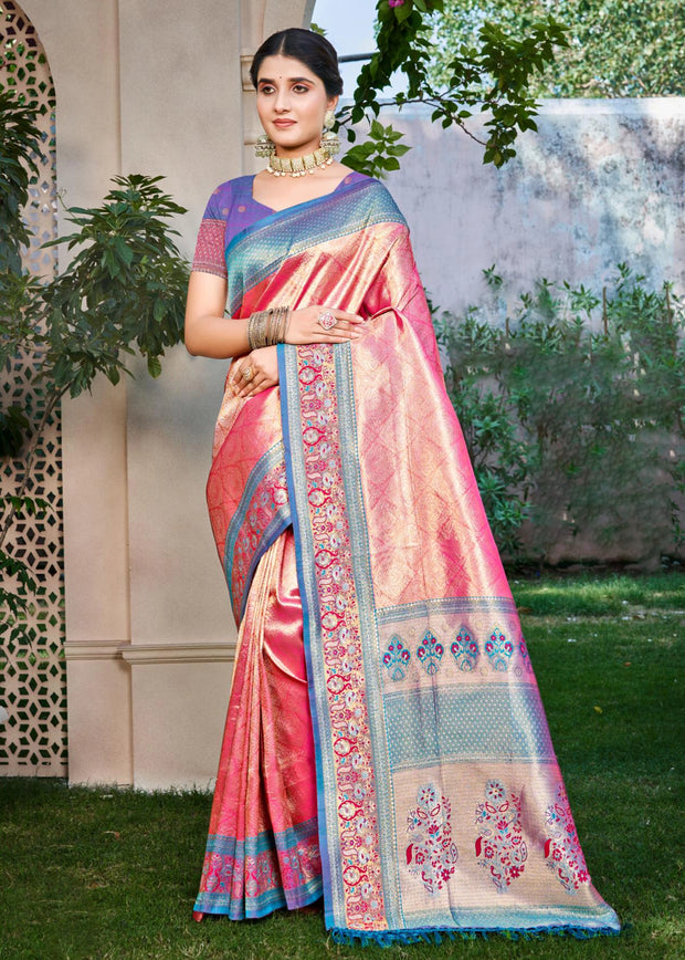 Pink and blue Kanjivaram silk saree with contrasting gold zari and woven Kanchipuram border