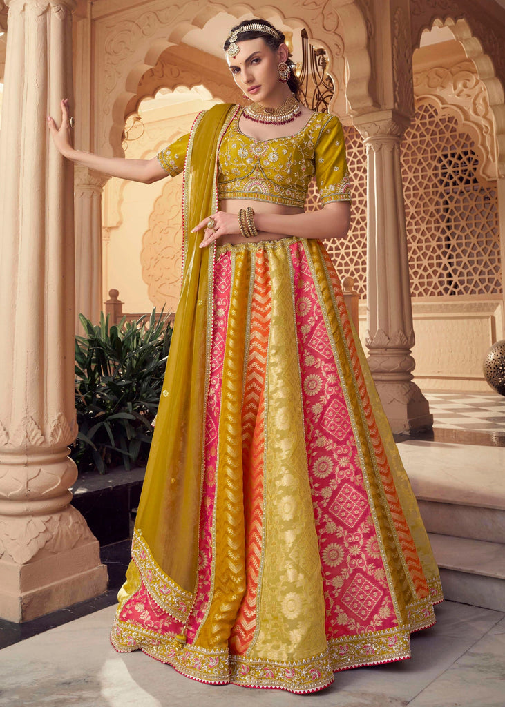 Mustared and Pink Embroidered Designer Lehenga Set