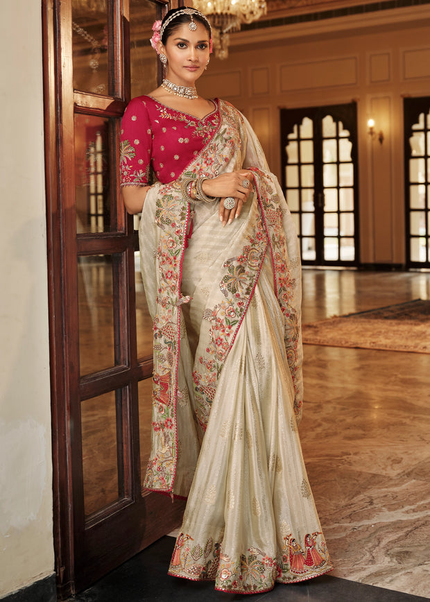 Off white soft silk saree with Khatli work and Zari embroidery