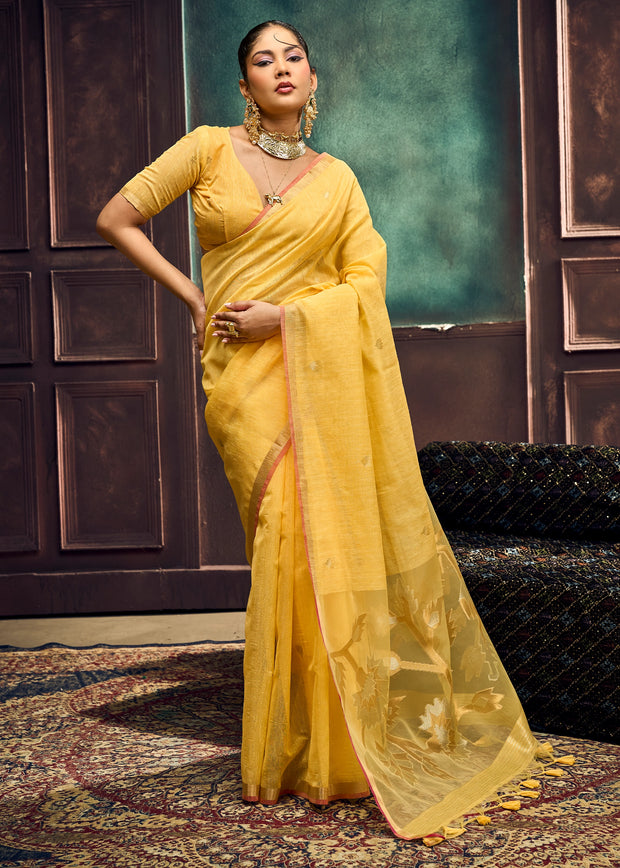 Vibrant Yellow Woven Cotton Silk Saree
