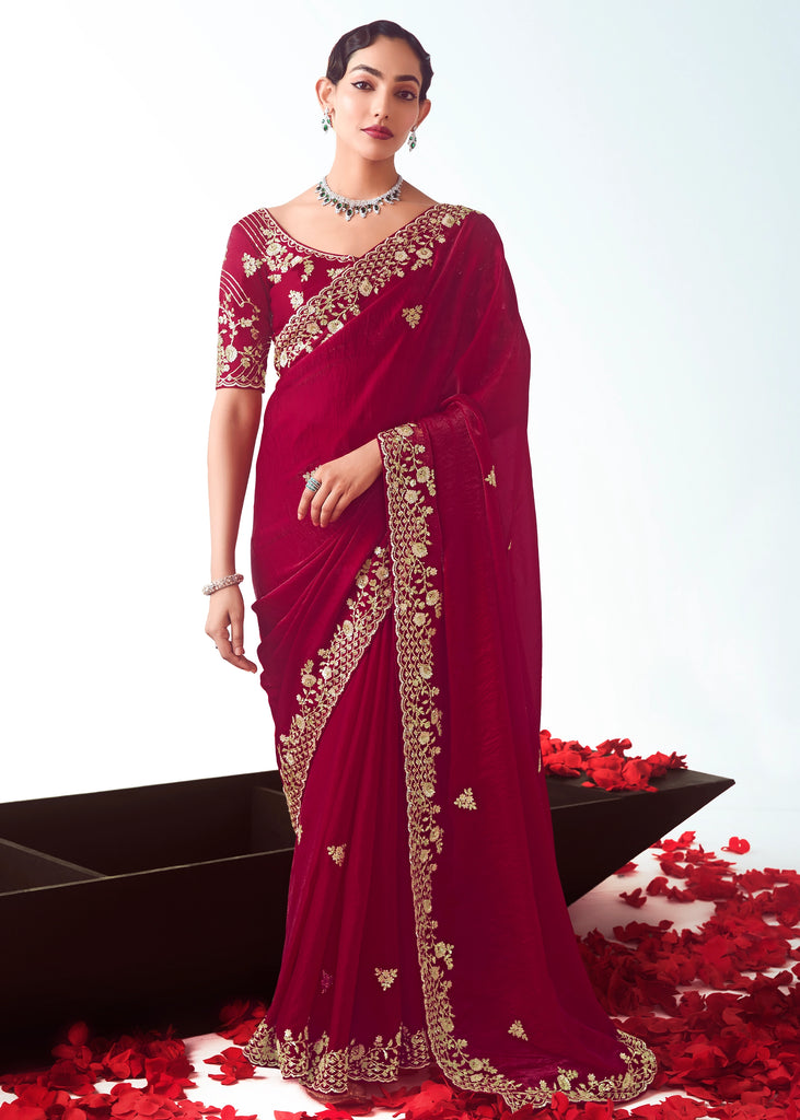 Maroon Embroidered Designer Tissue Saree