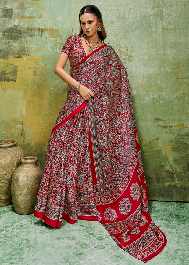 Red Printed Satin Silk Saree