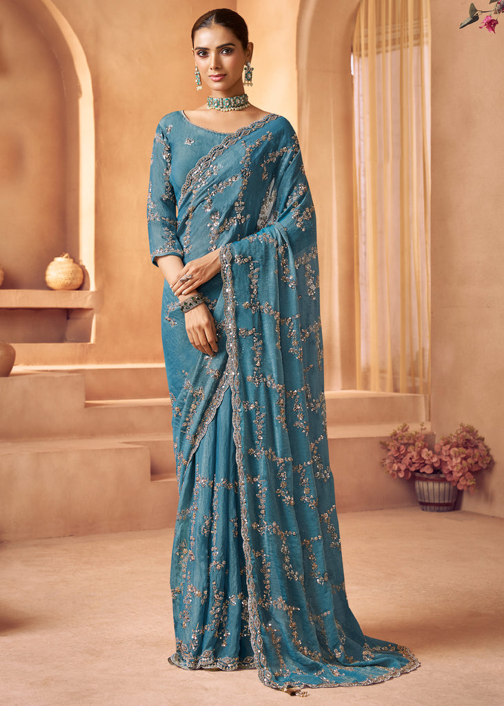 Parisian Blue Designer Tissue Silk Saree