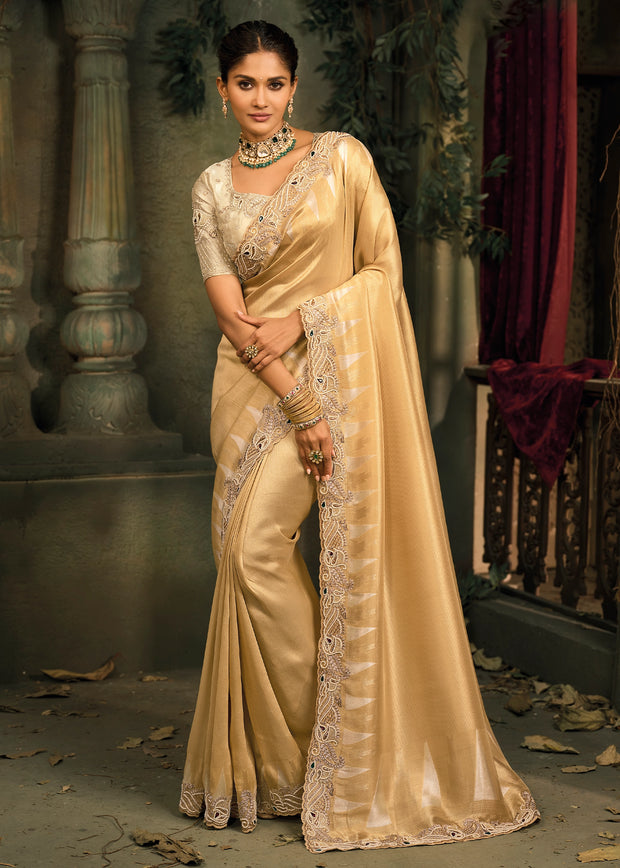 Cream Designer Embroidered Silk Saree