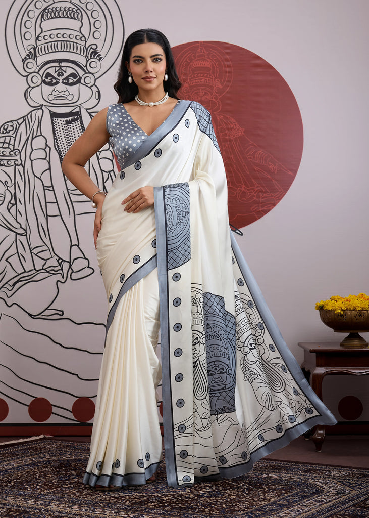 Powder Grey Printed  Satin Silk Saree