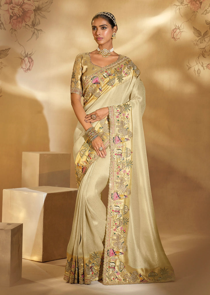 Elegant Cream Designer Embroidered Silk Saree