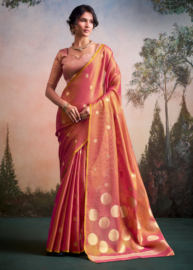 Orange Peach Woven Tissue Silk Saree