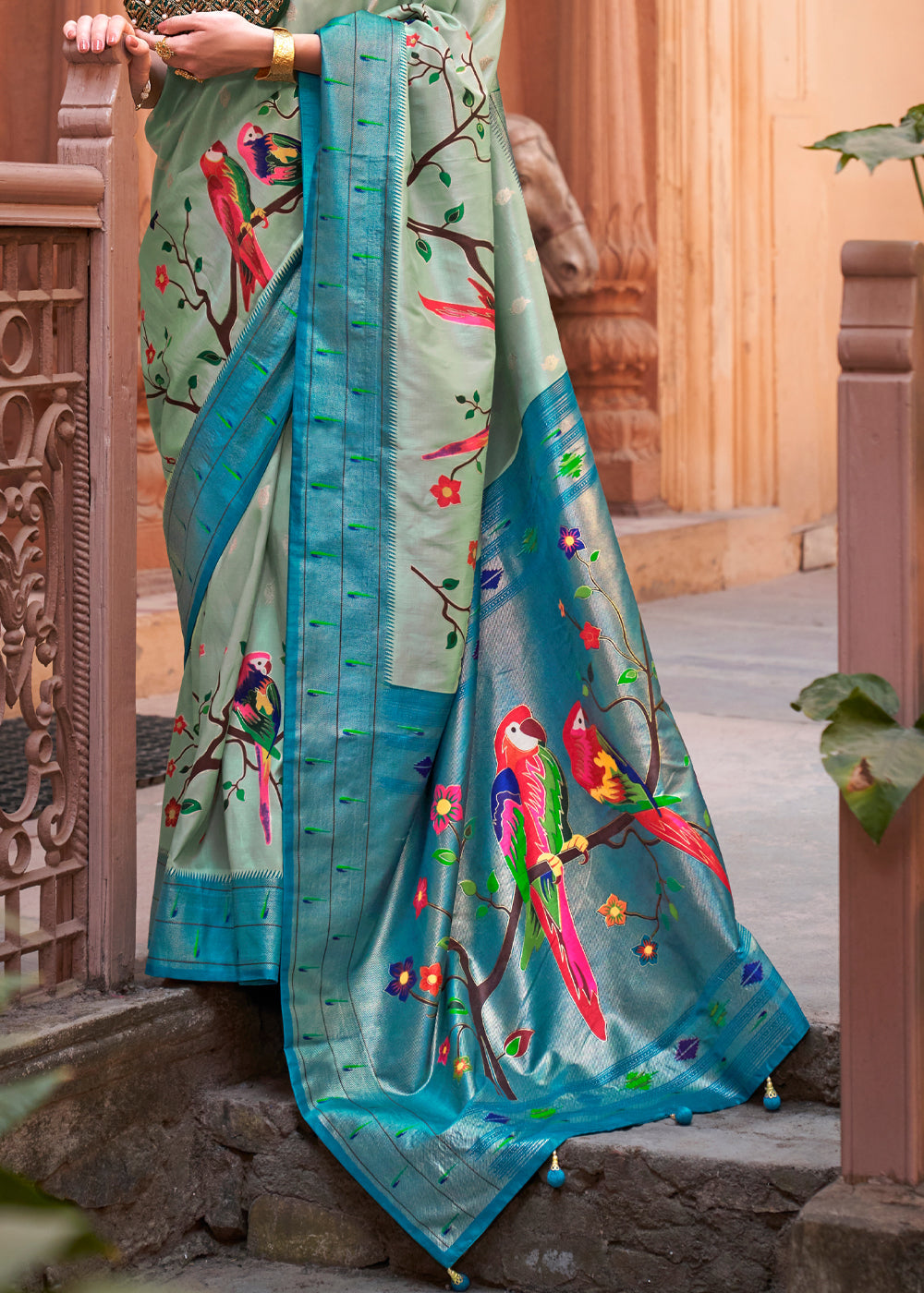 Basil Green Printed Paithani Silk Saree Zari Banaras