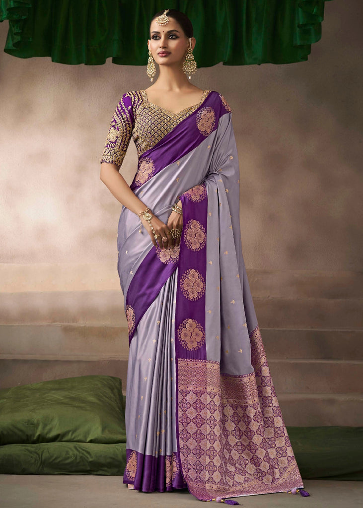 “Exclusive Offer” : Lavender Woven Banarasi Satin Silk Saree