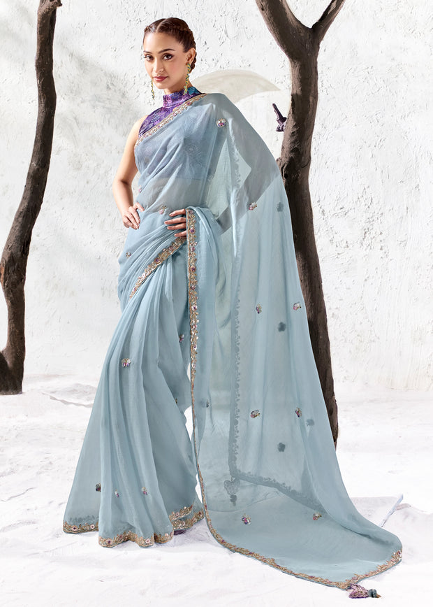 Slate Blue Designer Organza Silk Saree With Printed Blouse