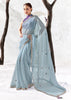 Slate Blue Designer Organza Silk Saree With Printed Blouse