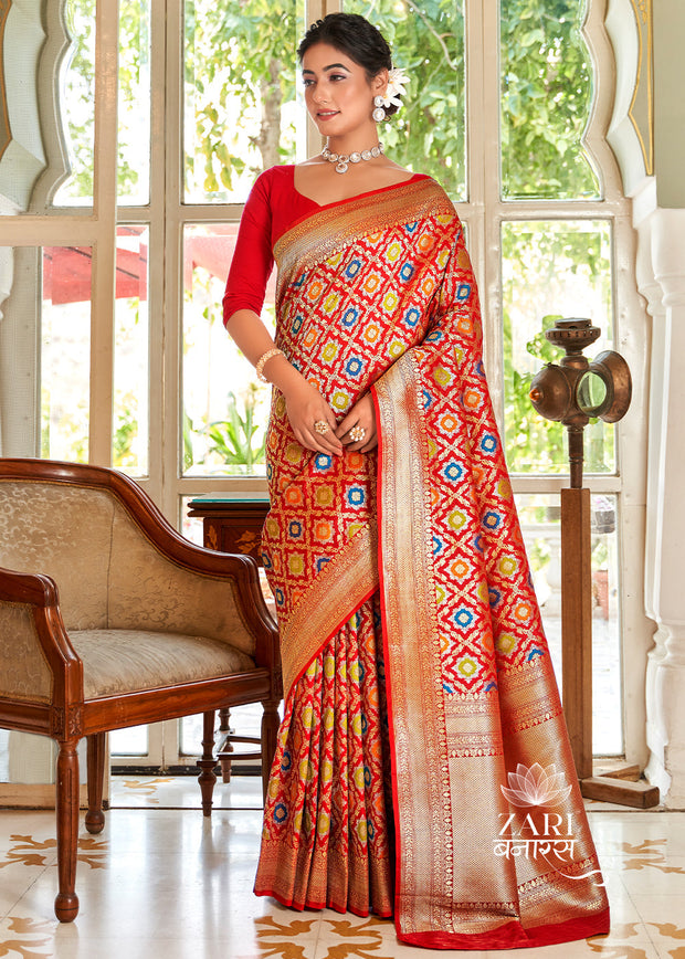Rani-Sa red Banarasi brocade saree with all-over gold zari jaal weaving