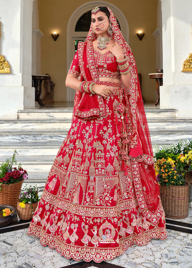 Royal Red Embroidered Silk Bridal Lehenga With Double Dupatta