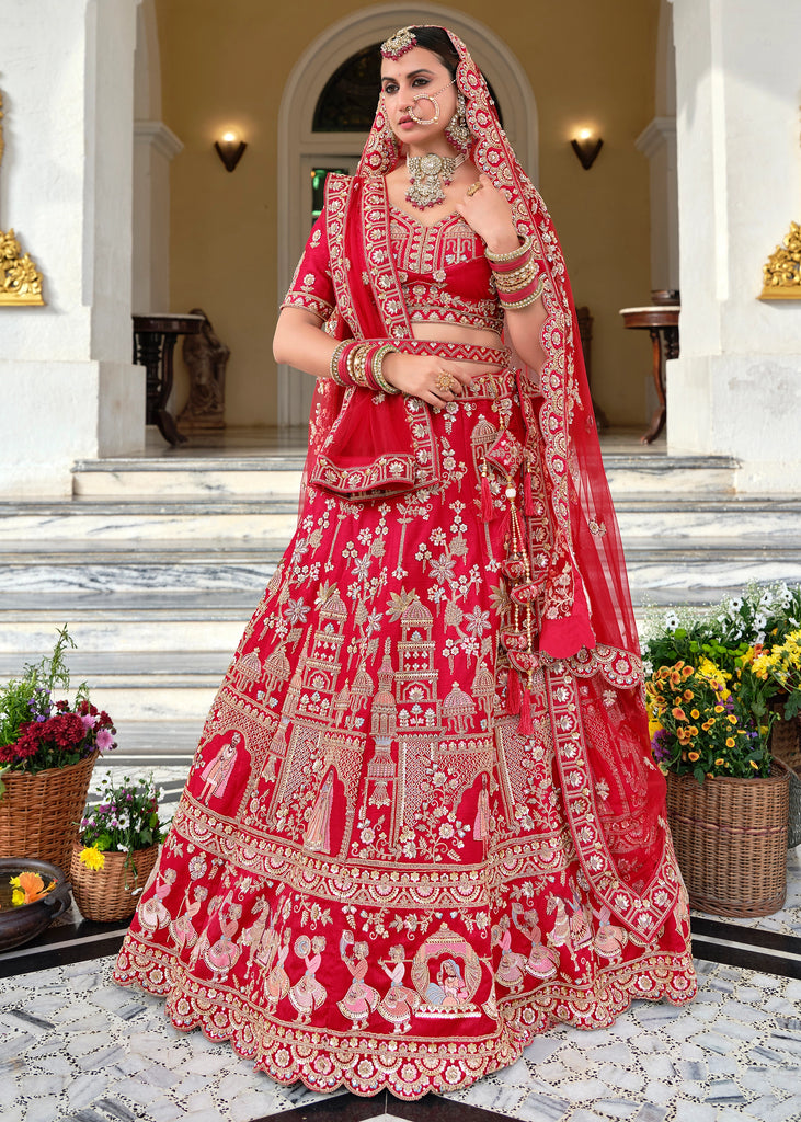 Royal Red Embroidered Silk Bridal Lehenga With Double Dupatta