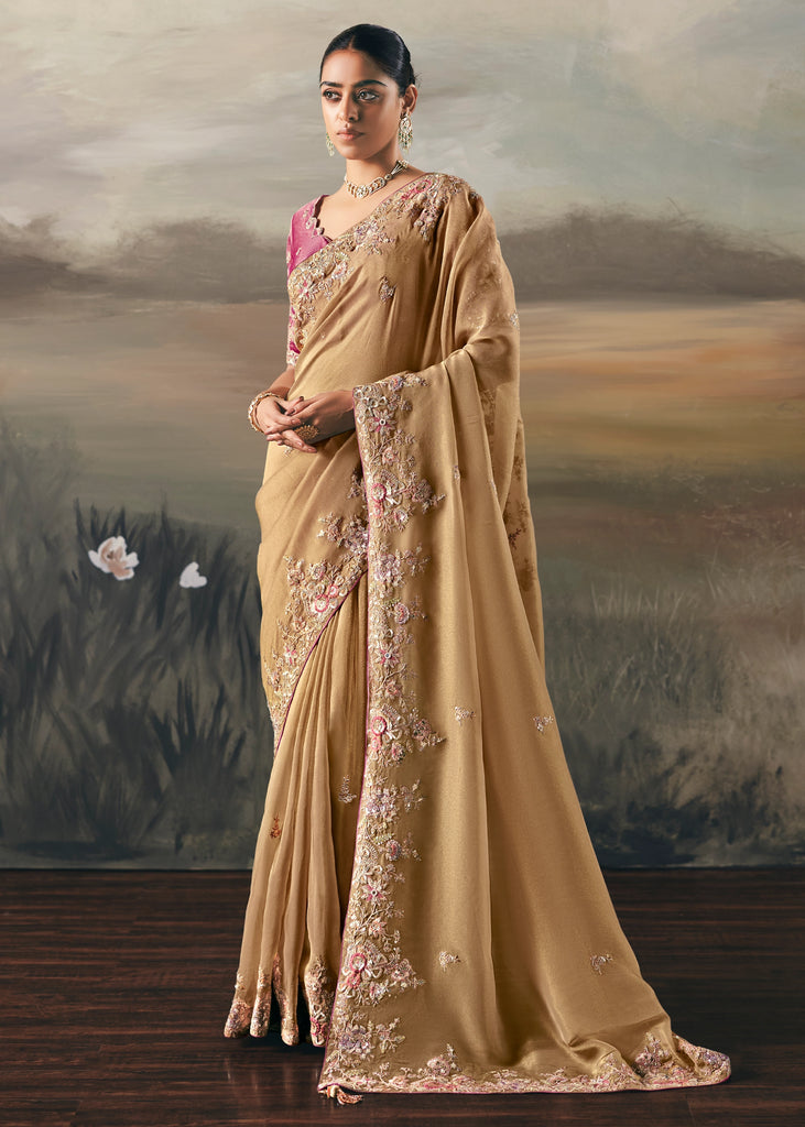 Beige Tissue Embroidered Wedding Wear Saree