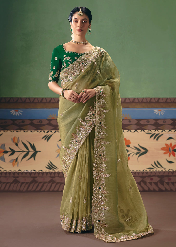 Kiwi Green Embroidered Designer Saree
