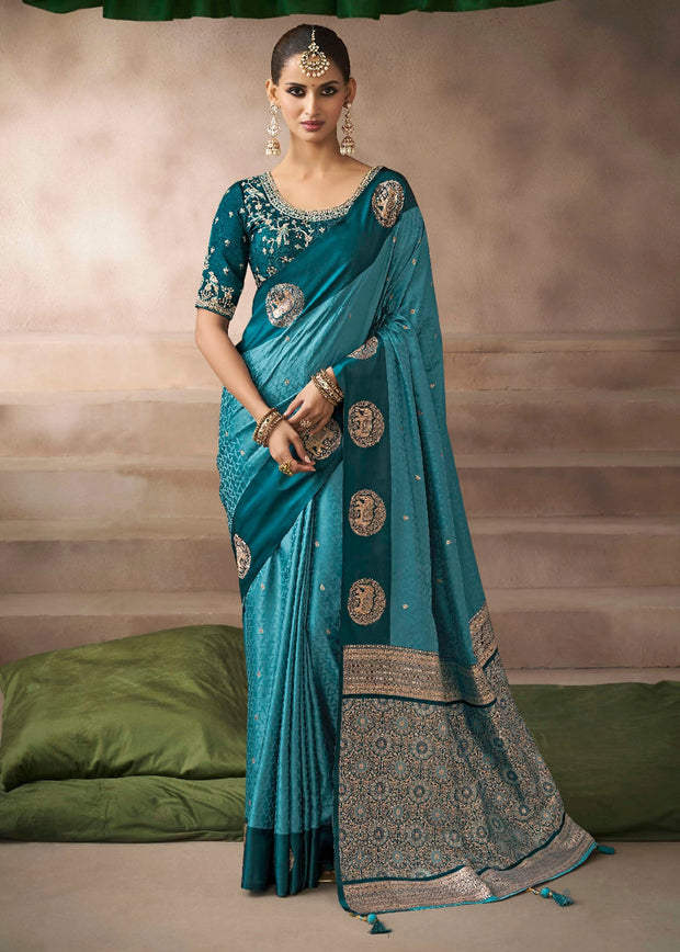 “Exclusive Offer” : Teal Blue Woven Banarasi Satin Silk Saree
