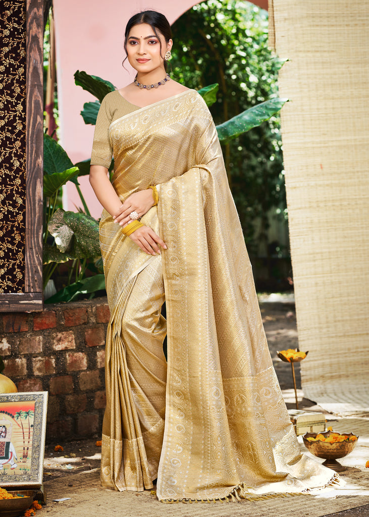 Cream Beige Woven Kanjivaram Silk Saree